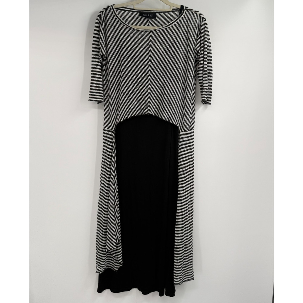 Ozai N Ku Tunic over Slip Dress Womens S Black White Asymmetrical Lagenlook 2 PC